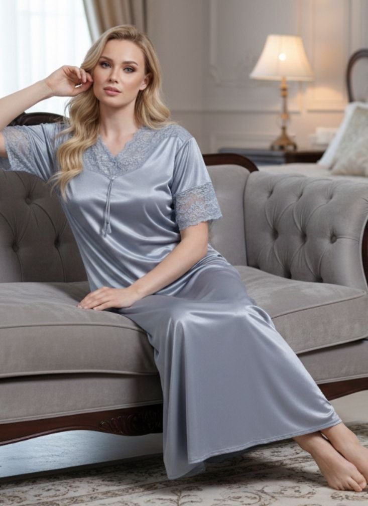 Comfort Women’s Satin Nightgown Full Length – Silver Grey Sleepwear with Lace Trim & Soft Shine Finish - Image 4